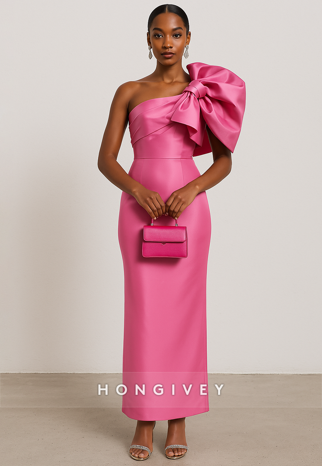 One Shoulder Satin Ankle-Length Column Evening Gowns with Bowknot