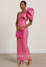 One Shoulder Satin Ankle-Length Column Evening Gowns with Bowknot