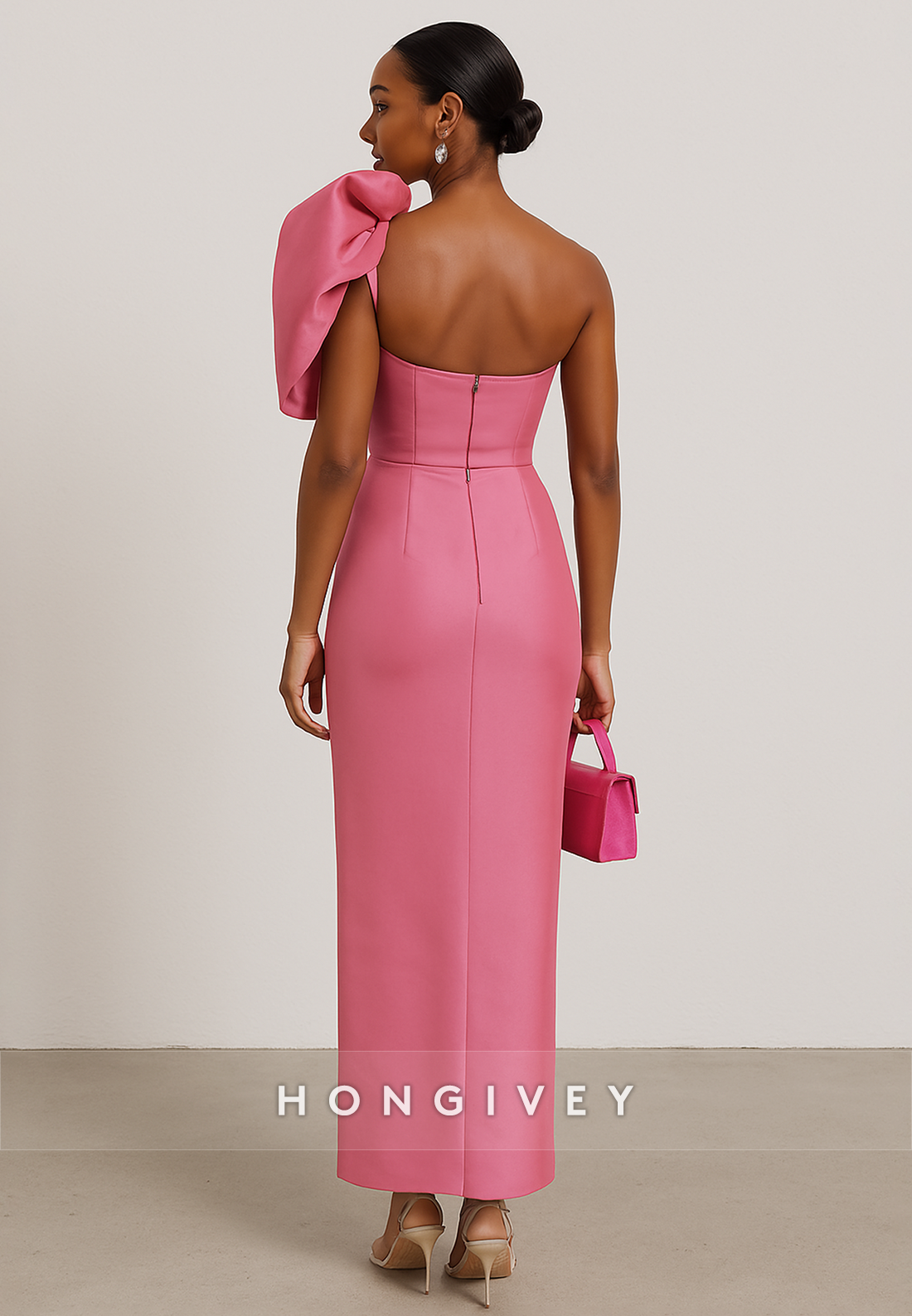 One Shoulder Satin Ankle-Length Column Evening Gowns with Bowknot