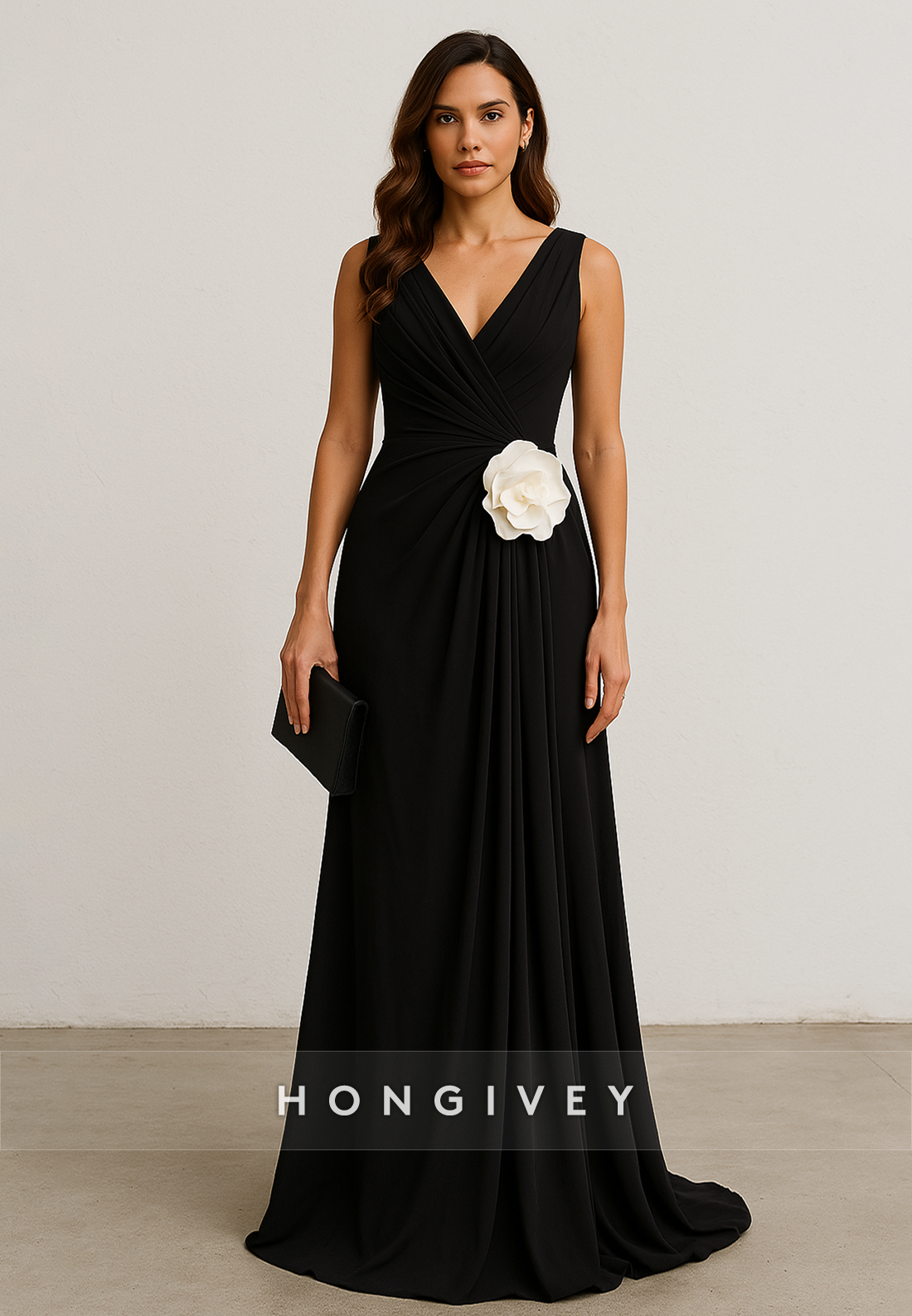 Black Sleeveless Low V-Neck Floor-Length V Back Flower A-Line Evening Gowns