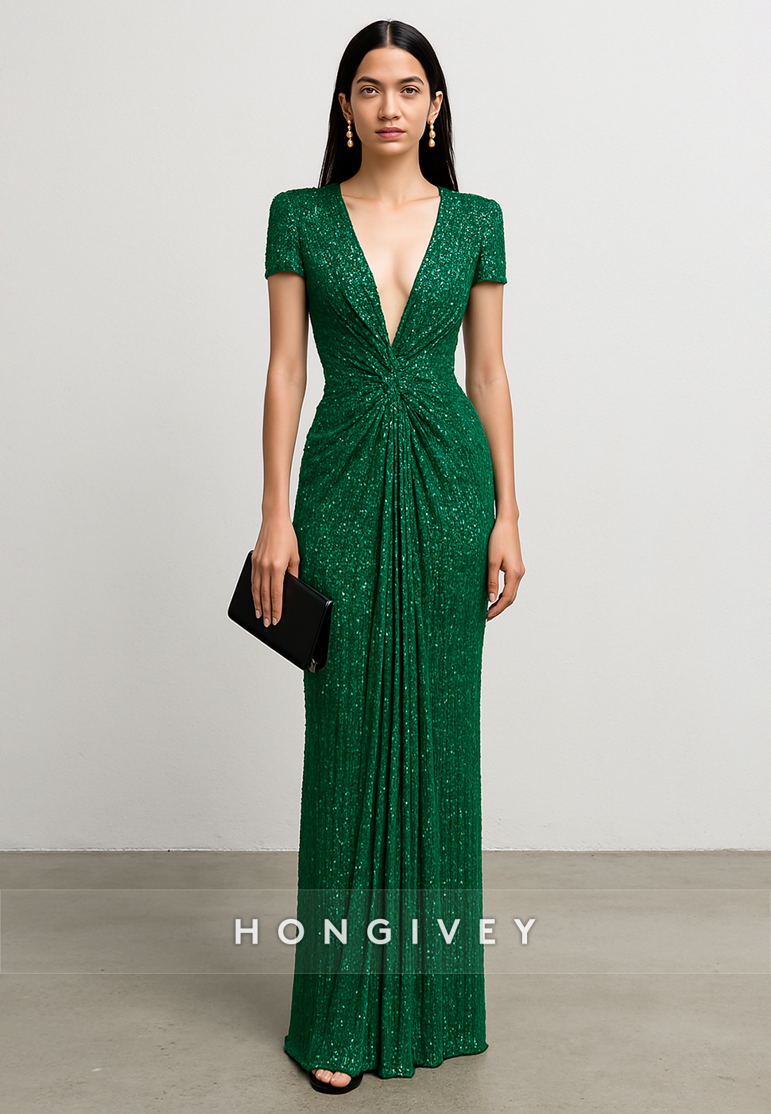 Glitter Low V-Neck Column Short Sleeves Floor-Length Evening Gowns with Ruffles