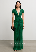 Glitter Low V-Neck Column Short Sleeves Floor-Length Evening Gowns with Ruffles