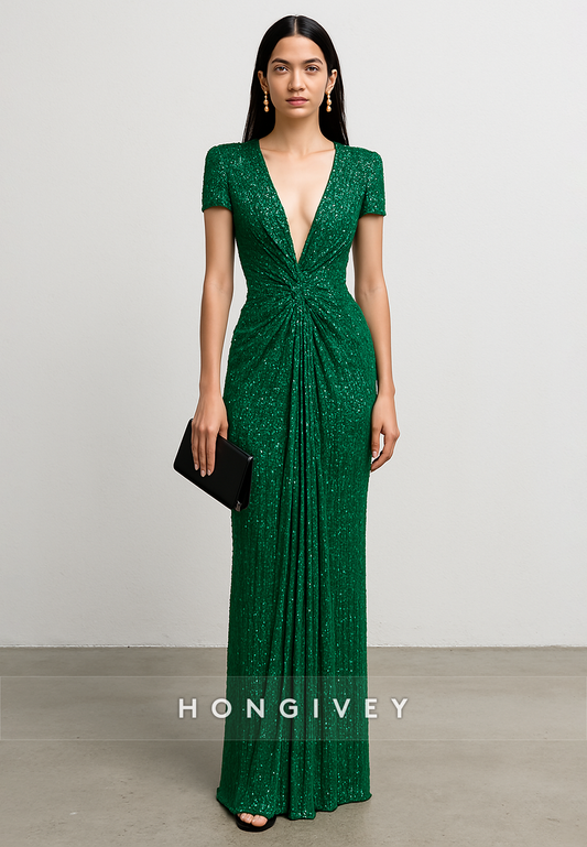 Glitter Low V-Neck Column Short Sleeves Floor-Length Evening Gowns with Ruffles