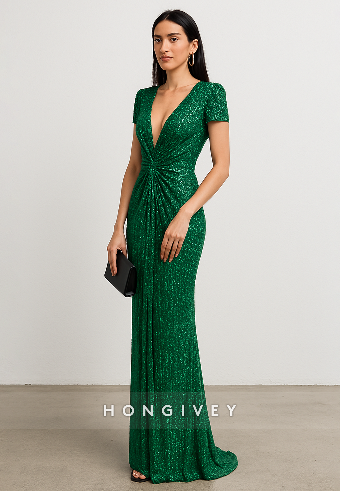 Glitter Low V-Neck Column Short Sleeves Floor-Length Evening Gowns with Ruffles