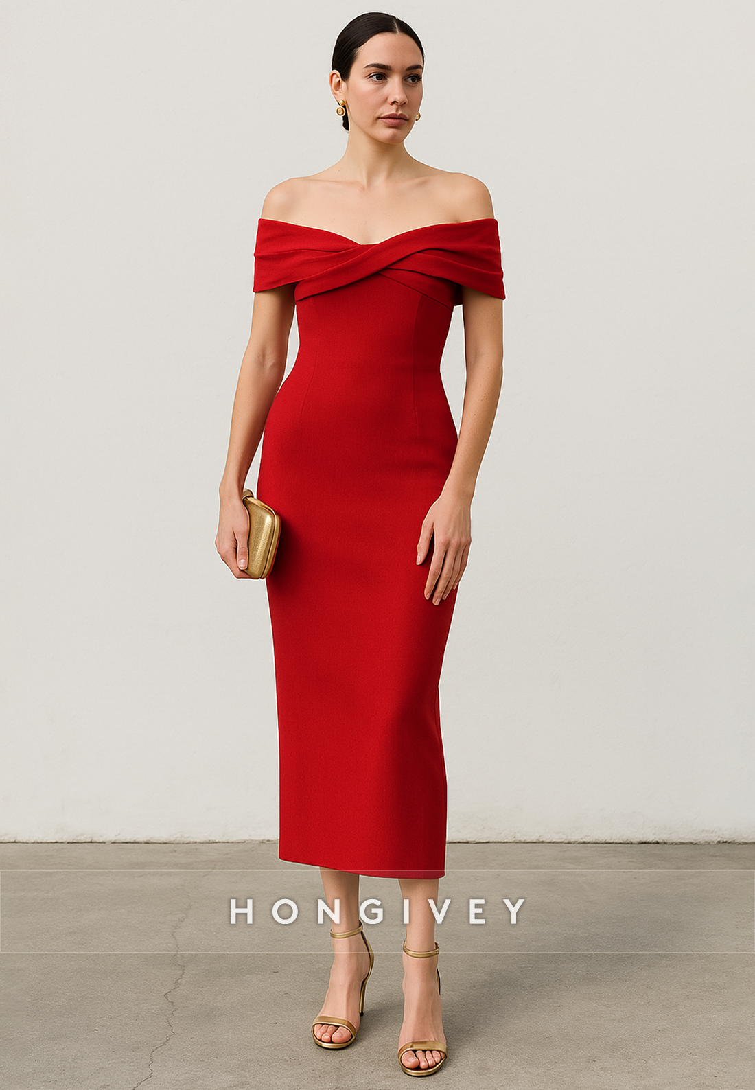 Red Off the Shoulder Pleated Sheath Back Zipper Tea-Length Evening Gowns