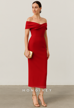 Red Off the Shoulder Pleated Sheath Back Zipper Tea-Length Evening Gowns