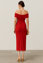 Red Off the Shoulder Pleated Sheath Back Zipper Tea-Length Evening Gowns