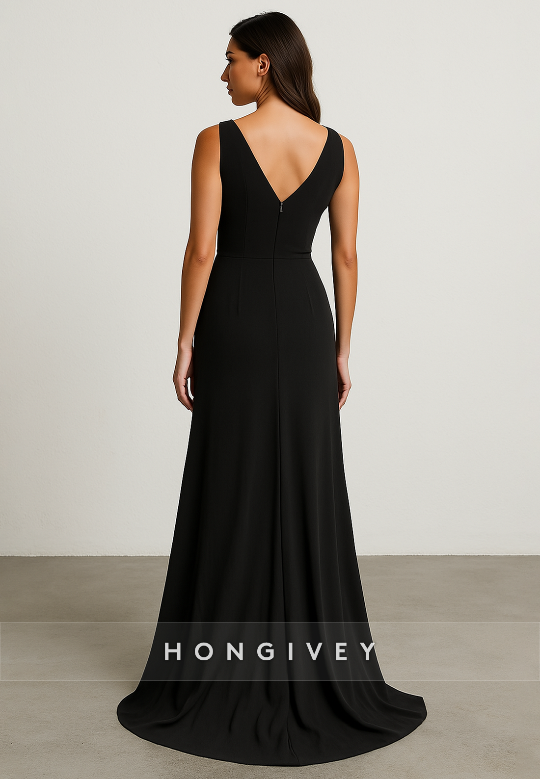 Black Sleeveless Low V-Neck Floor-Length V Back Flower A-Line Evening Gowns