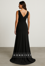 Black Sleeveless Low V-Neck Floor-Length V Back Flower A-Line Evening Gowns