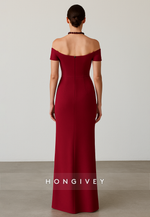 Simple Burgundy Off the Shoulder Floor-Length Pleated Sheath Evening Gowns
