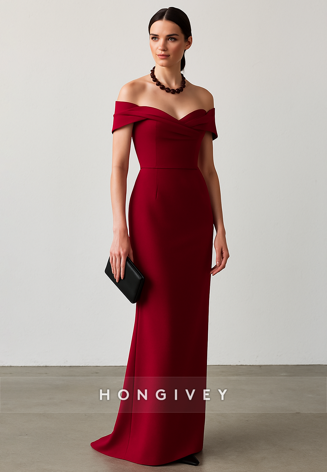 Simple Burgundy Off the Shoulder Floor-Length Pleated Sheath Evening Gowns