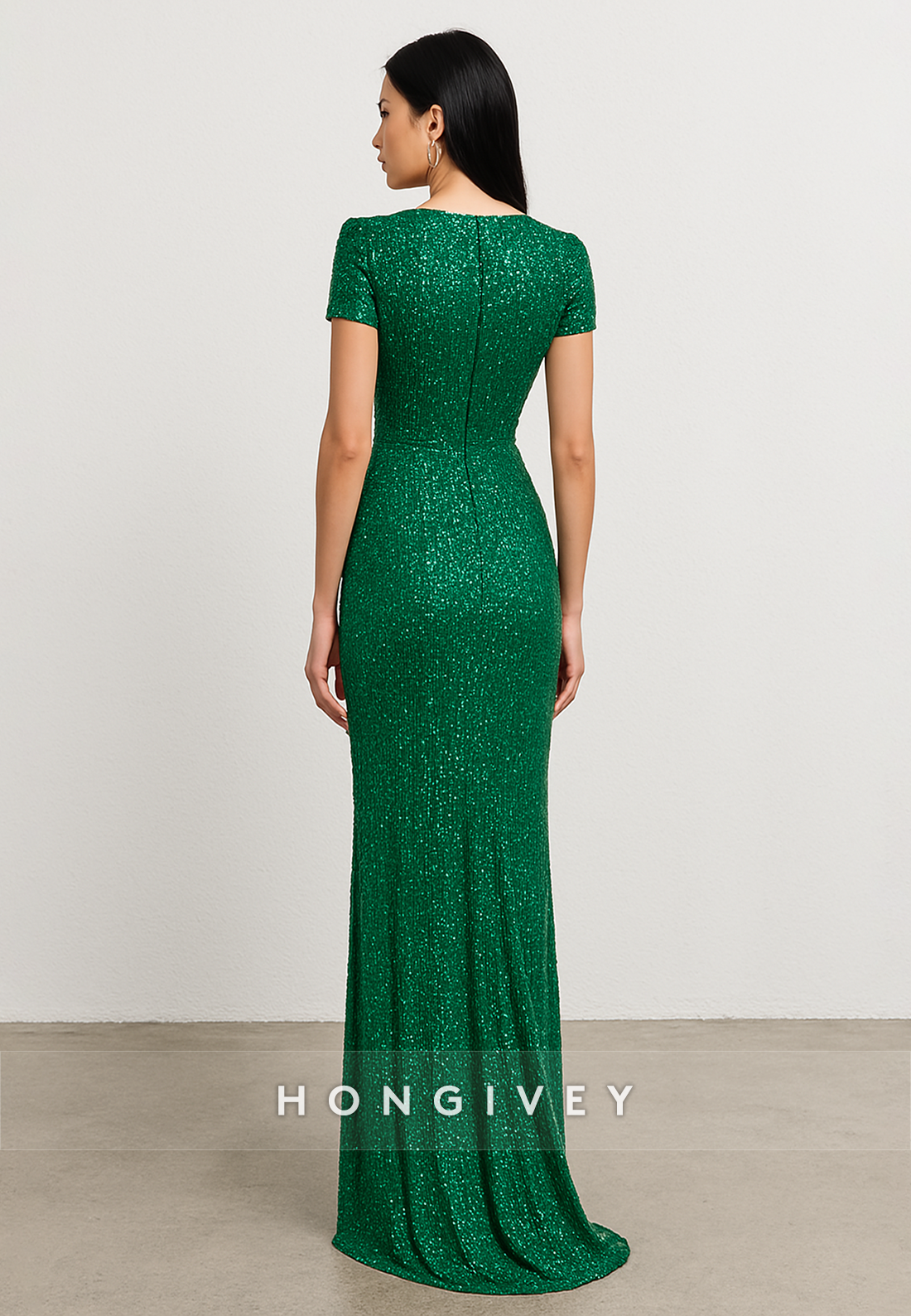 Glitter Low V-Neck Column Short Sleeves Floor-Length Evening Gowns with Ruffles