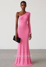 Simple Pink Floor-Length Pleated One Shoulder Mermaid Evening Gowns