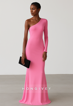 Simple Pink Floor-Length Pleated One Shoulder Mermaid Evening Gowns