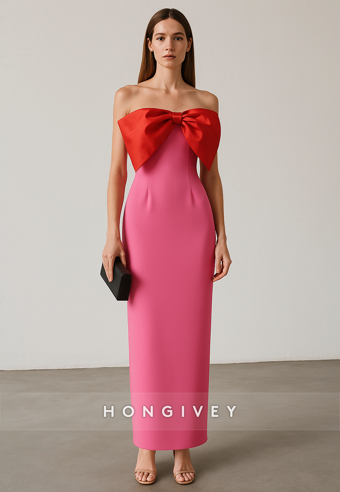 Strapless Column Ankle-Length Sleeveless Evening Gowns with Bowknot