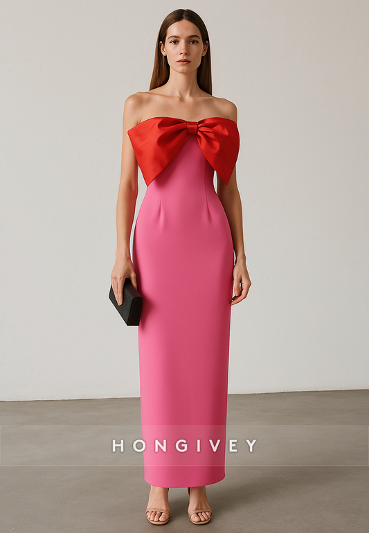 Strapless Column Ankle-Length Sleeveless Evening Gowns with Bowknot