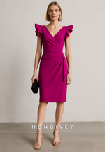 Knee-Length Cap Sleeves Cocktail Dresses V-Neck Sheath Pleated Evening Gowns