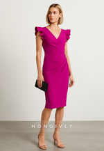 Knee-Length Cap Sleeves Cocktail Dresses V-Neck Sheath Pleated Evening Gowns