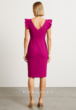 Knee-Length Cap Sleeves Cocktail Dresses V-Neck Sheath Pleated Evening Gowns