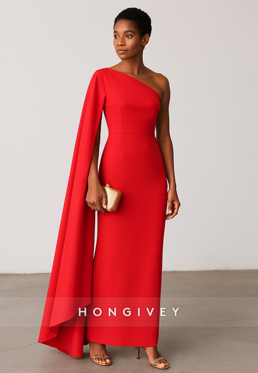 Red Side Draping Column One Shoulder Ankle-Length Evening Gowns