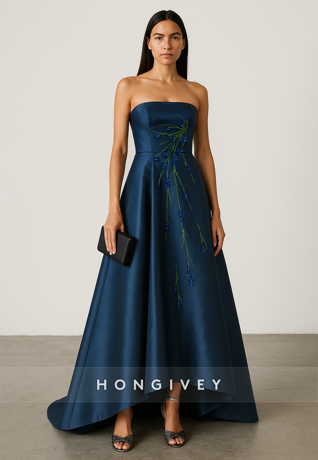 Strapless Asymmetrical Low Back A-Line Empire Evening Gowns with Appliques