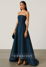 Strapless Asymmetrical Low Back A-Line Empire Evening Gowns with Appliques