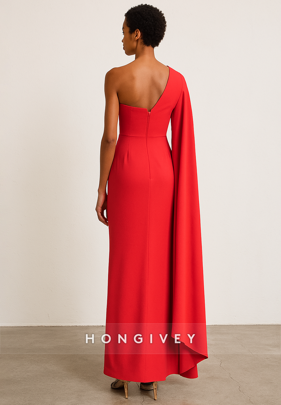 Red Side Draping Column One Shoulder Ankle-Length Evening Gowns