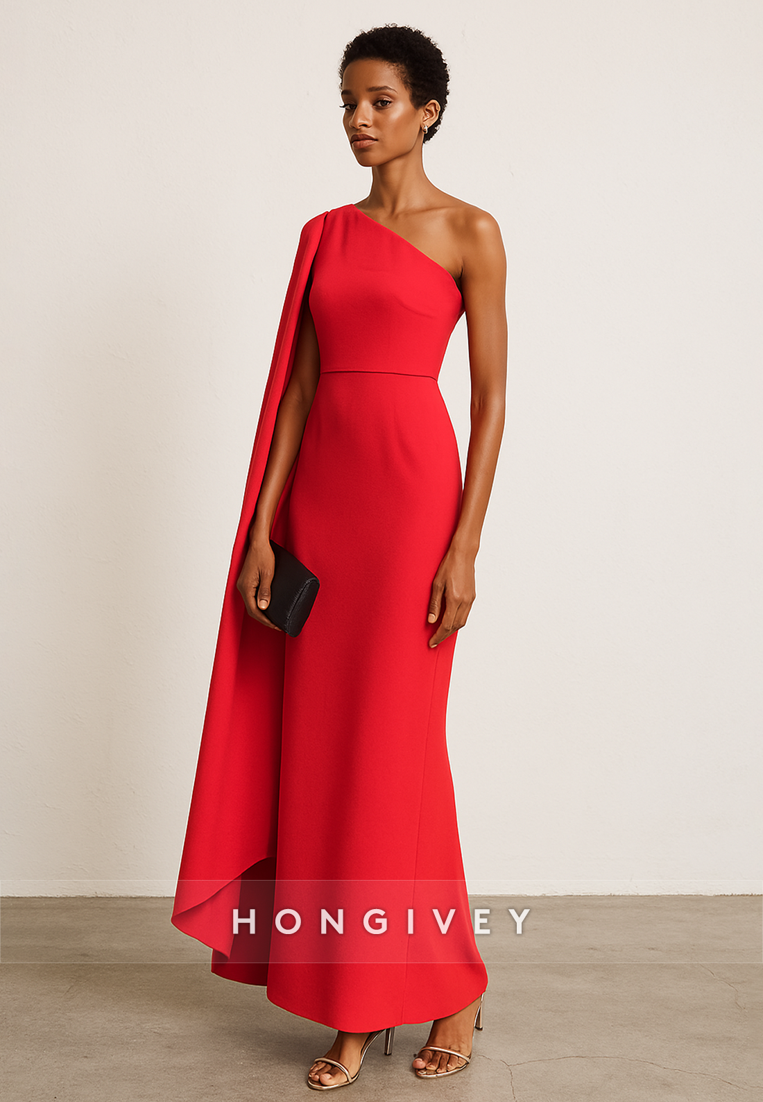 Red Side Draping Column One Shoulder Ankle-Length Evening Gowns