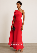 Red Side Draping Column One Shoulder Ankle-Length Evening Gowns