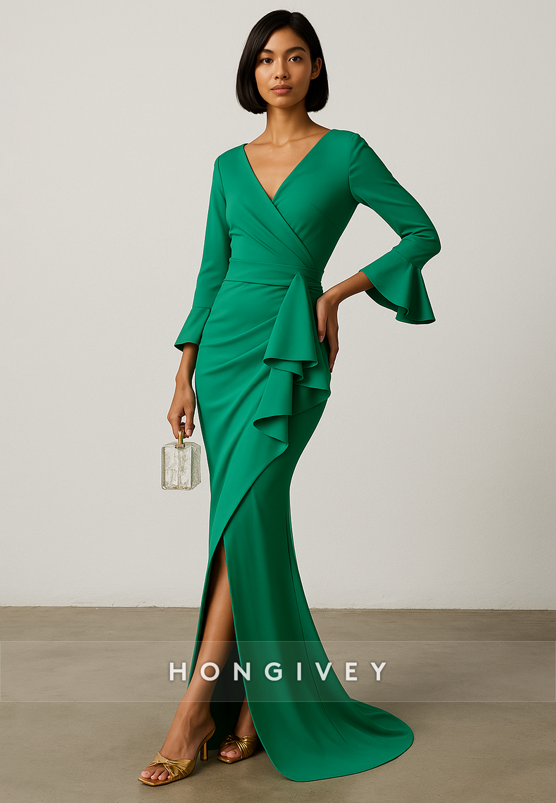 Bell Sleeves V-Neck Floor-Length Mermaid Evening Gowns with Slit