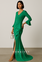 Bell Sleeves V-Neck Floor-Length Mermaid Evening Gowns with Slit