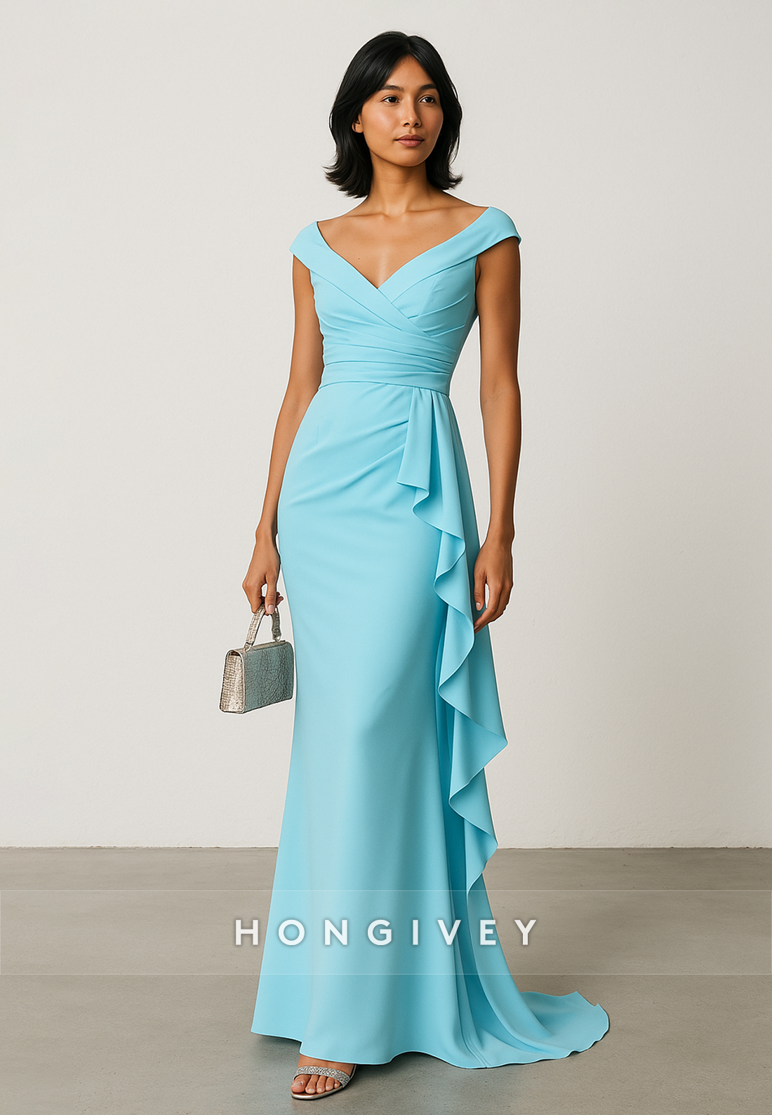 Blue V-Neck Cap Sleeves Floor-Length Trumpet Evening Gowns with Ruffles