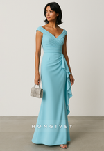 Blue V-Neck Cap Sleeves Floor-Length Trumpet Evening Gowns with Ruffles