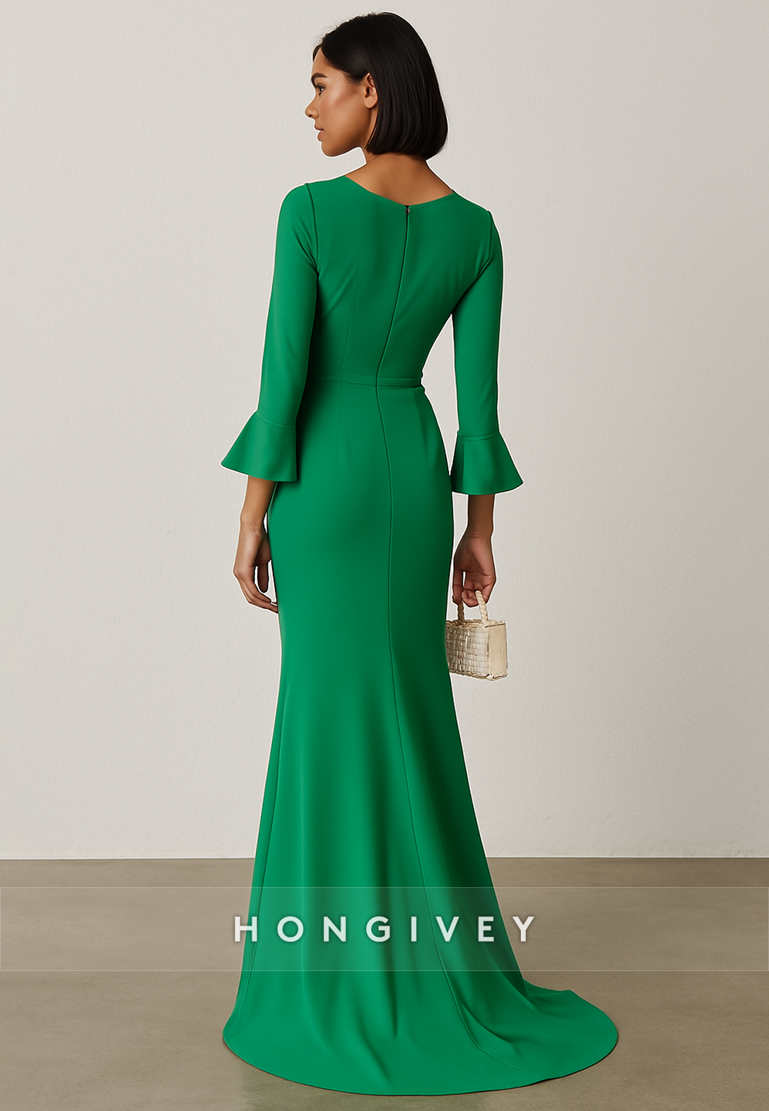 Bell Sleeves V-Neck Floor-Length Mermaid Evening Gowns with Slit