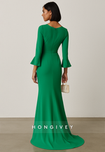 Bell Sleeves V-Neck Floor-Length Mermaid Evening Gowns with Slit