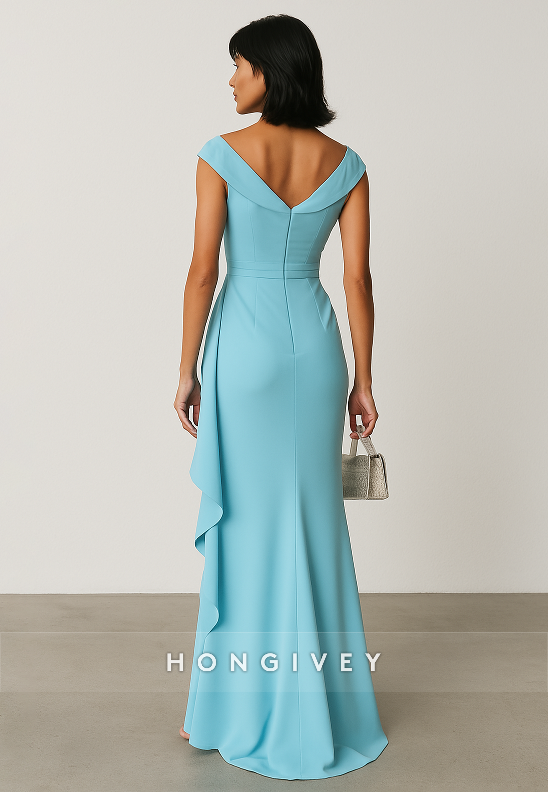 Blue V-Neck Cap Sleeves Floor-Length Trumpet Evening Gowns with Ruffles