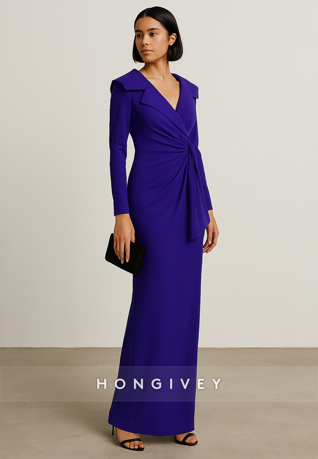 Elegant V-Neck Long Sleeves Floor-Length Pleated Evening Gowns