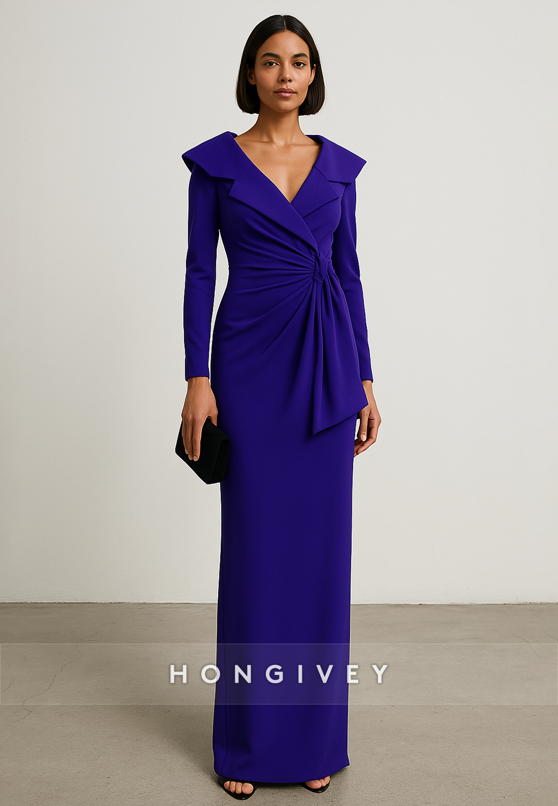 Elegant V-Neck Long Sleeves Floor-Length Pleated Evening Gowns
