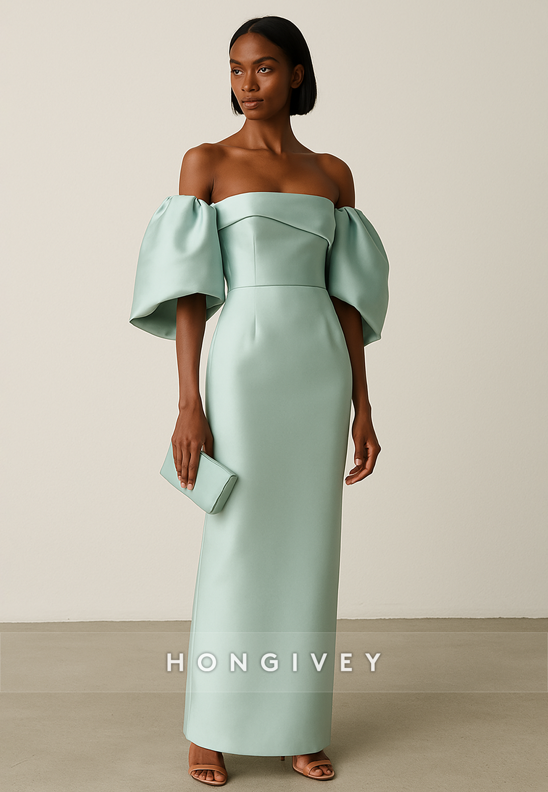 Off the Shoulder Satin Half Sleeves Column Ankle-Length Evening Gown