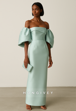 Off the Shoulder Satin Half Sleeves Column Ankle-Length Evening Gown