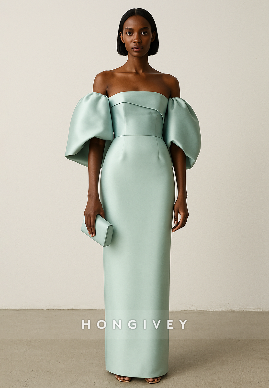 Off the Shoulder Satin Half Sleeves Column Ankle-Length Evening Gown