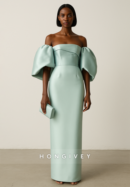 Off the Shoulder Satin Half Sleeves Column Ankle-Length Evening Gown