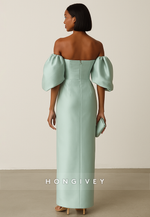 Off the Shoulder Satin Half Sleeves Column Ankle-Length Evening Gown