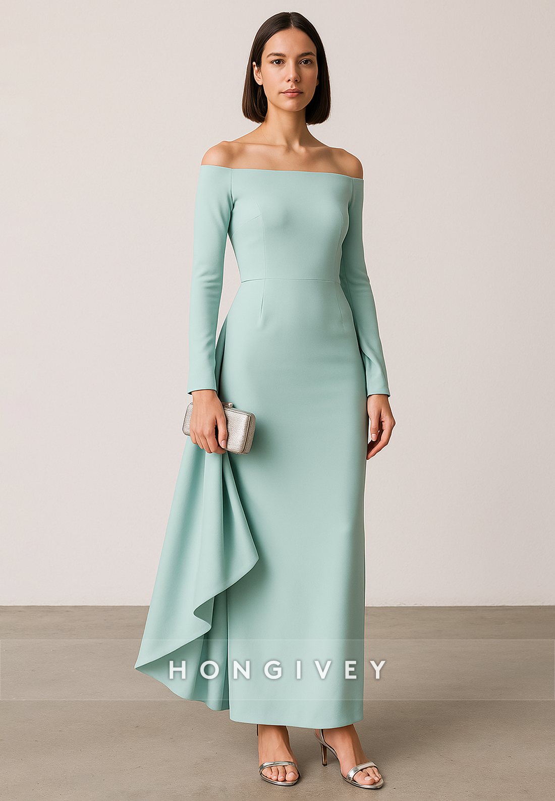 Ankle-Length Off the Shoulder Column Long Sleeves Evening Gowns with Side Wrinkles