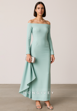 Ankle-Length Off the Shoulder Column Long Sleeves Evening Gowns with Side Wrinkles