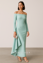 Ankle-Length Off the Shoulder Column Long Sleeves Evening Gowns with Side Wrinkles