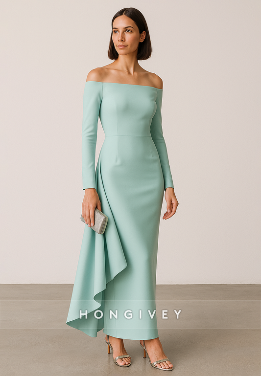 Ankle-Length Off the Shoulder Column Long Sleeves Evening Gowns with Side Wrinkles