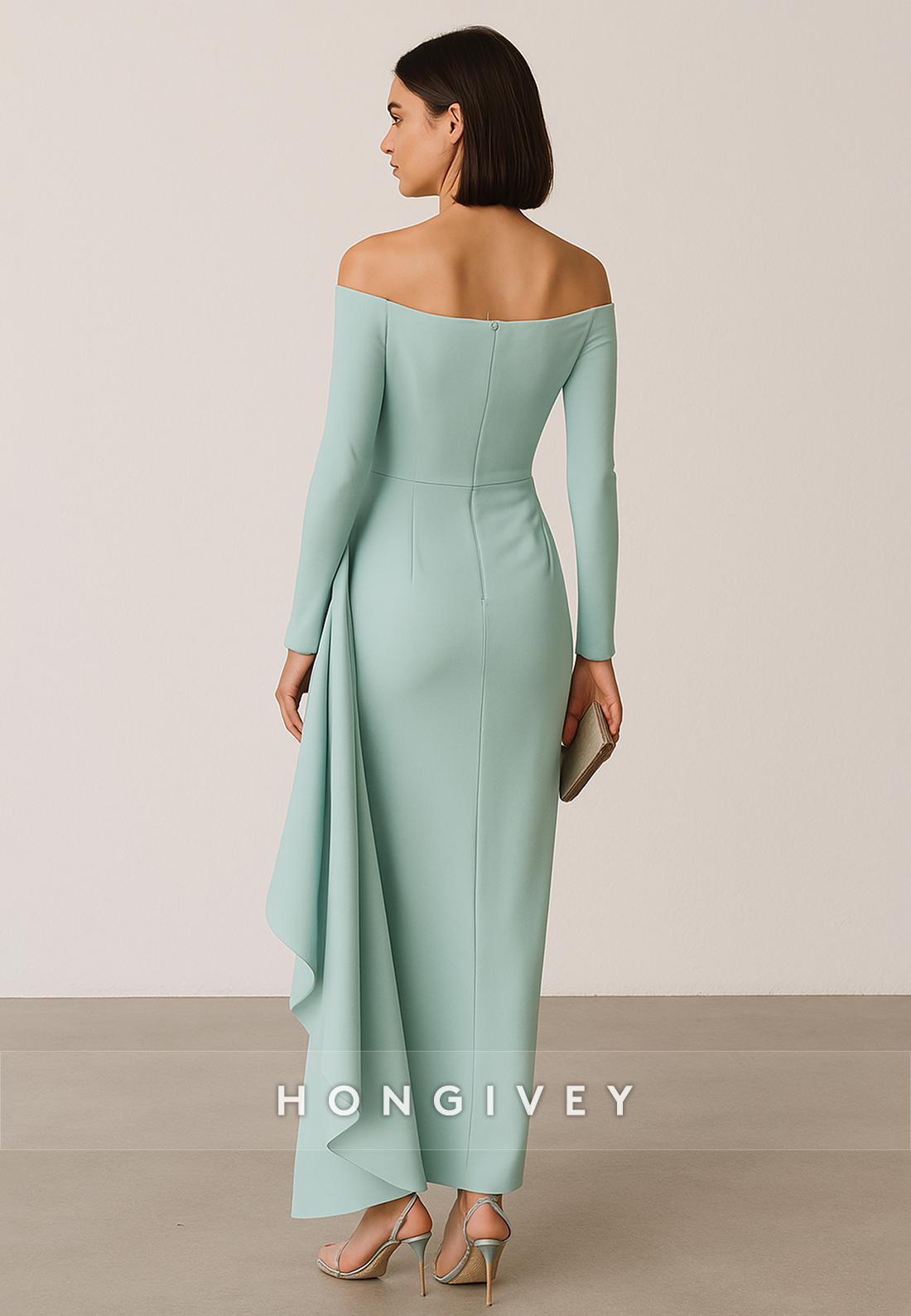 Ankle-Length Off the Shoulder Column Long Sleeves Evening Gowns with Side Wrinkles