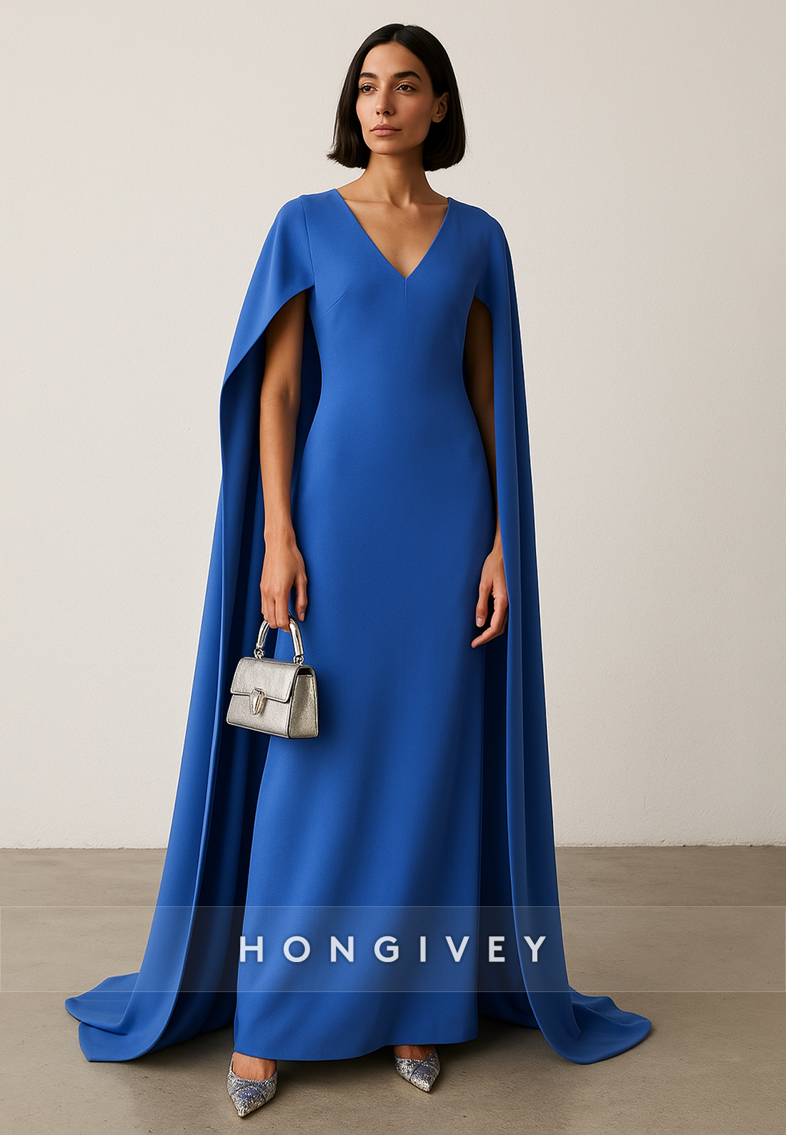 Royal Blue Simple V-Neck Pleated Column Evening Gown with Cloak