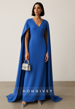 Royal Blue Simple V-Neck Pleated Column Evening Gown with Cloak